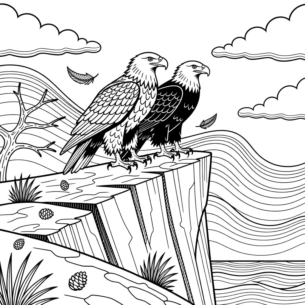 A pair of eagles perched together on a windswept cliff.