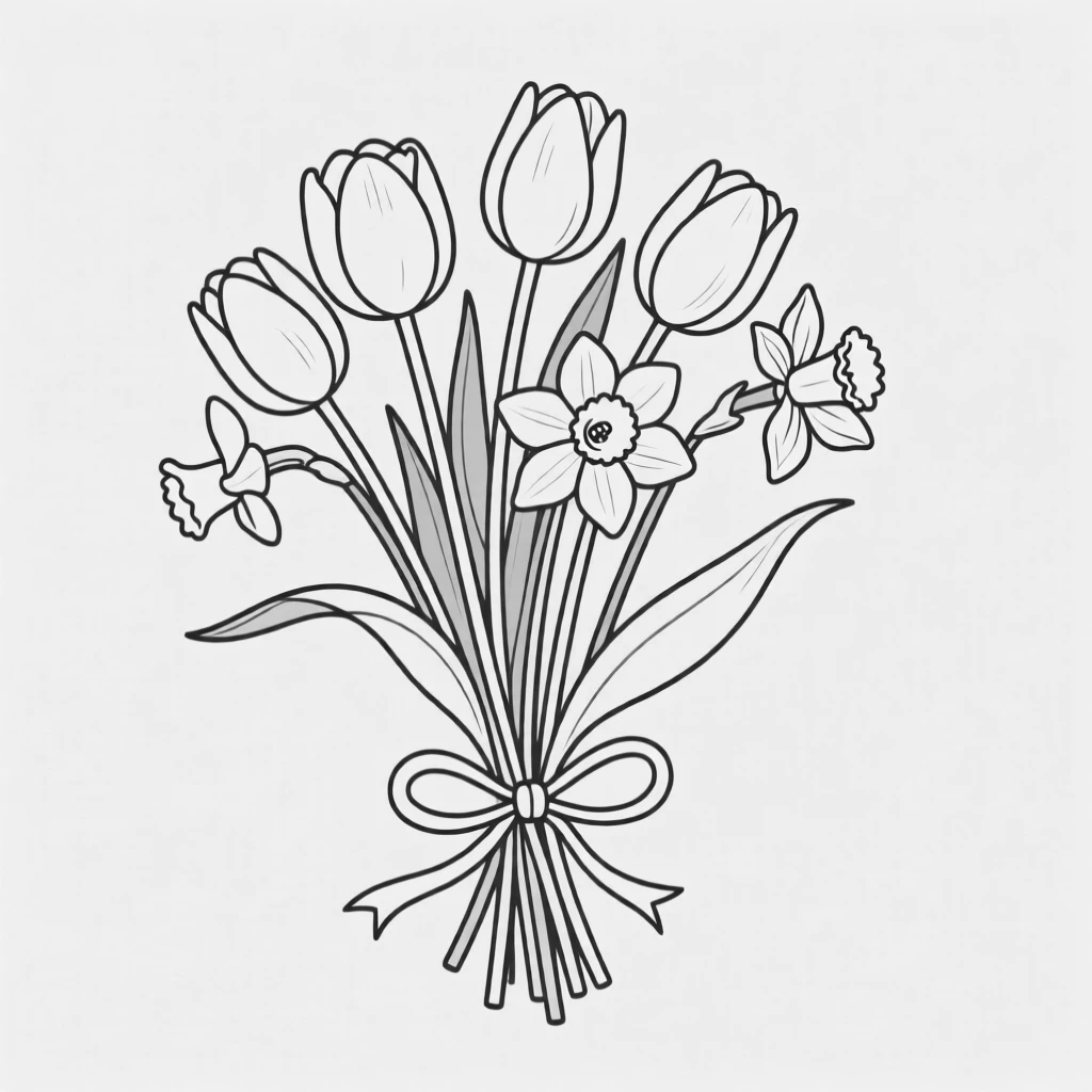 A bouquet of tulips and daffodils tied together
