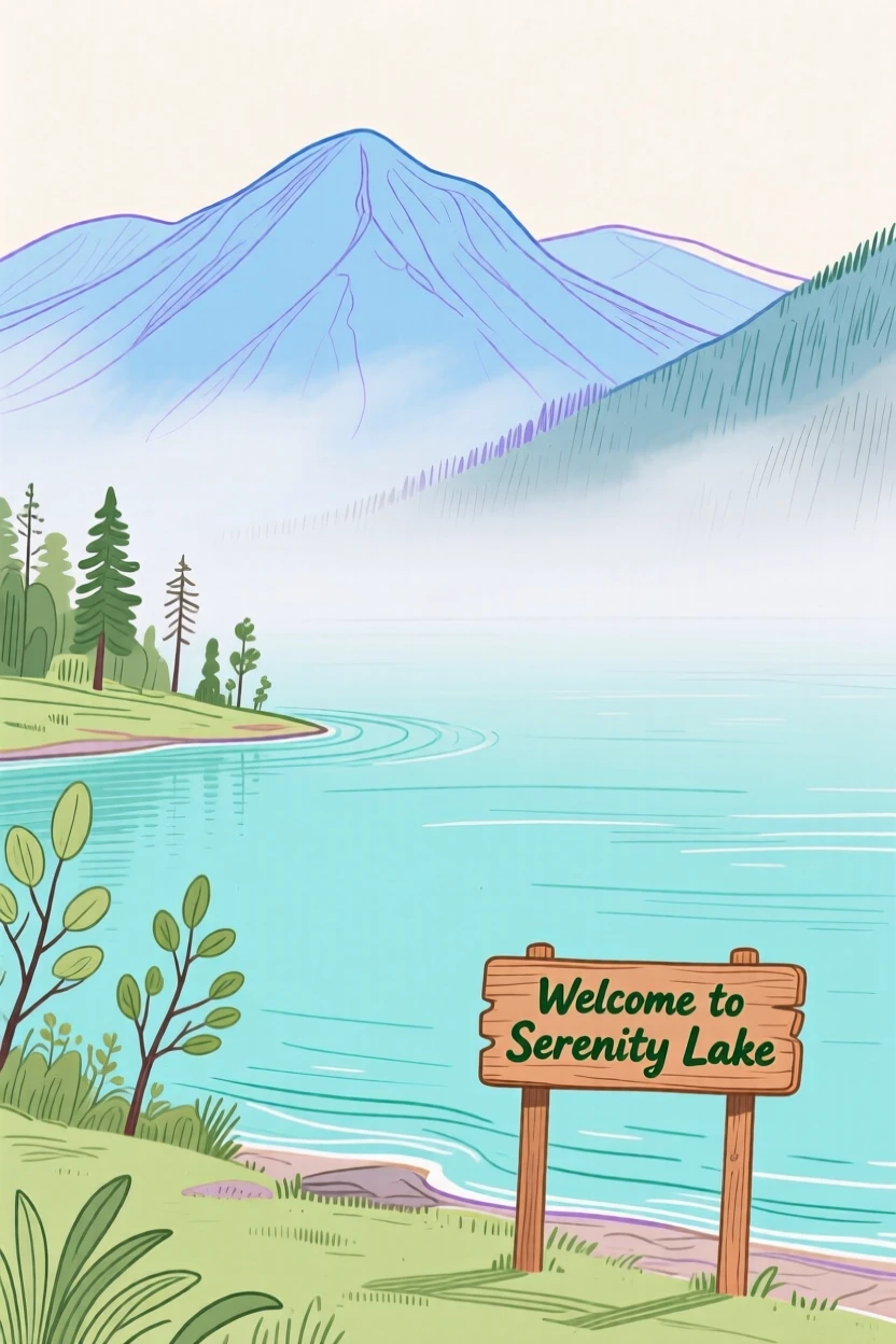 A misty morning over a quiet mountain lake.