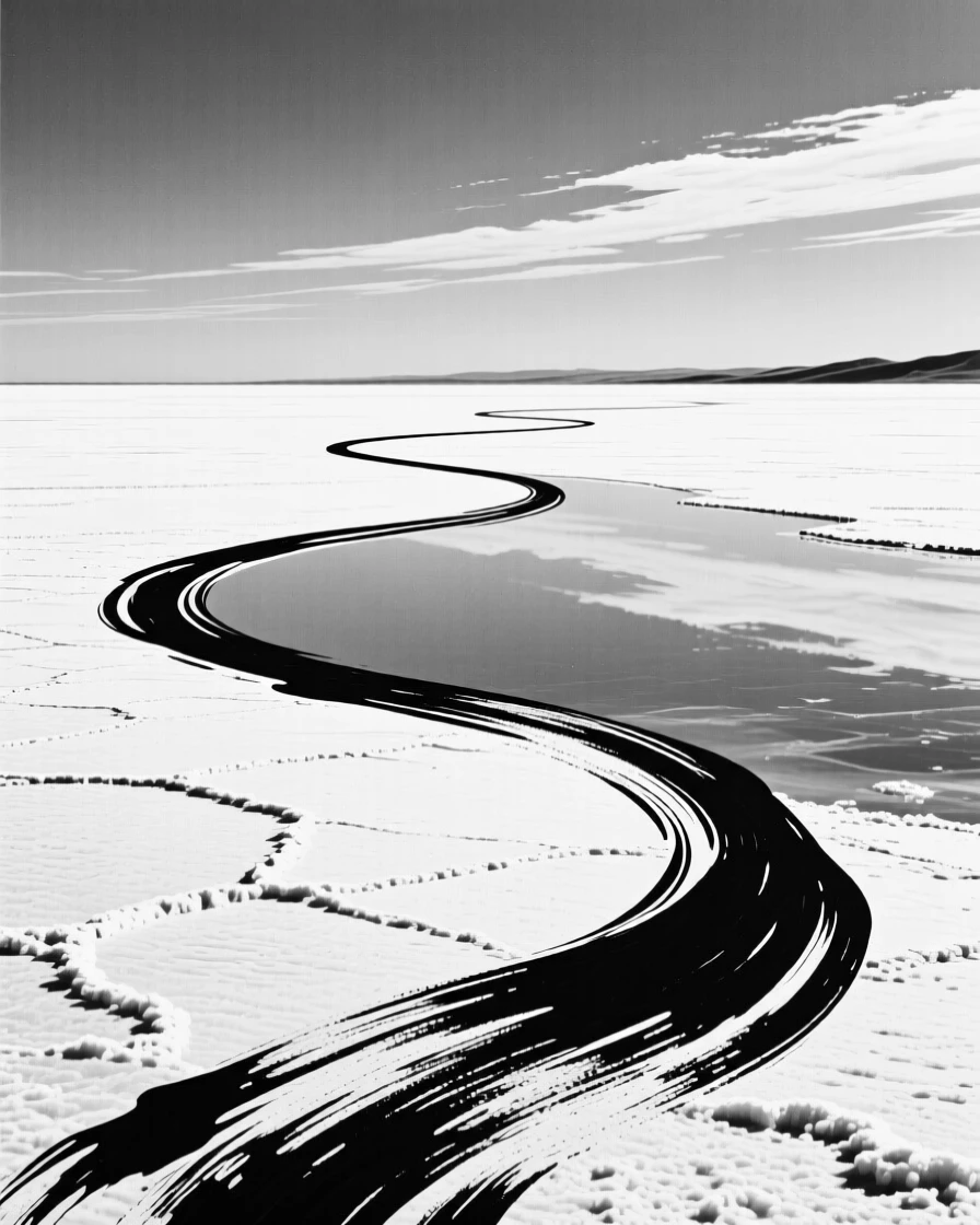 A vast salt flat reflecting the sky perfectly like a mirror to the horizon.