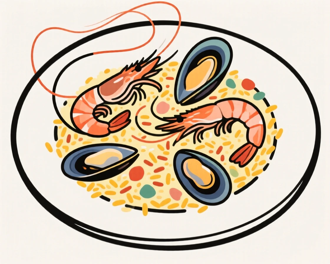 A plate of paella filled with saffron rice, shrimp, and mussels.