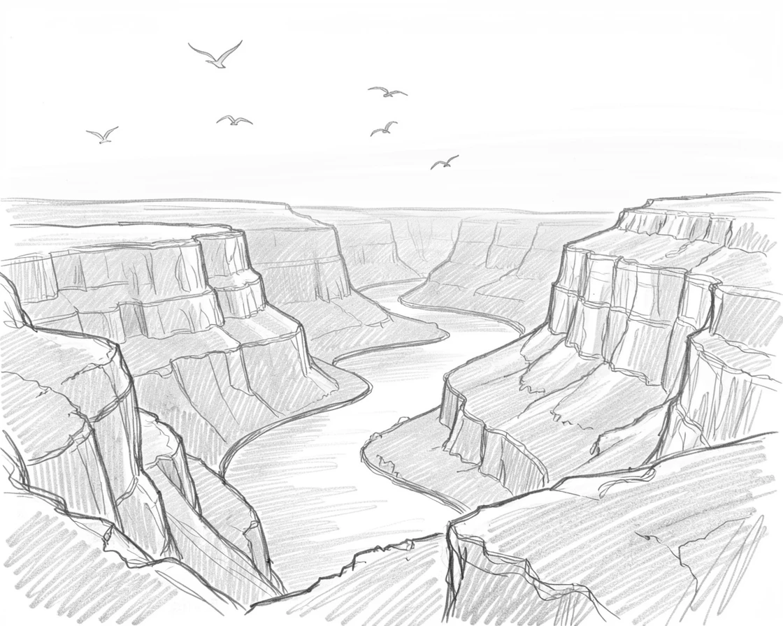 Sweeping landscape of a canyon carved by an ancient river bathed in the warm glow of sunrise, with birds soaring overhead.