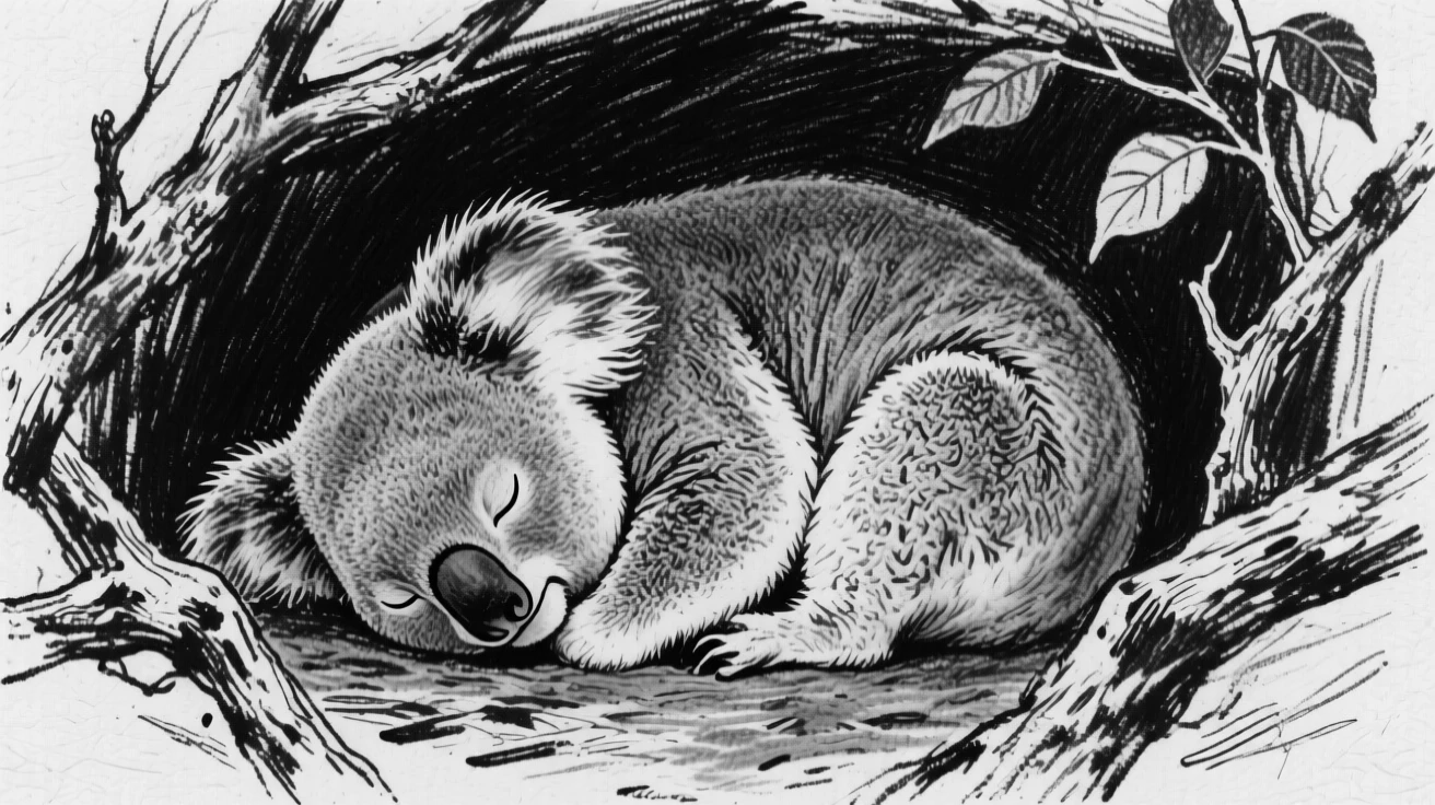 A koala curled up asleep in a cozy den.