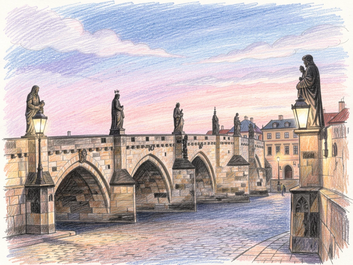The Charles Bridge in Prague glowing under evening lamplight, with soft clouds drifting across a colorful sky, full of romance and quiet awe.