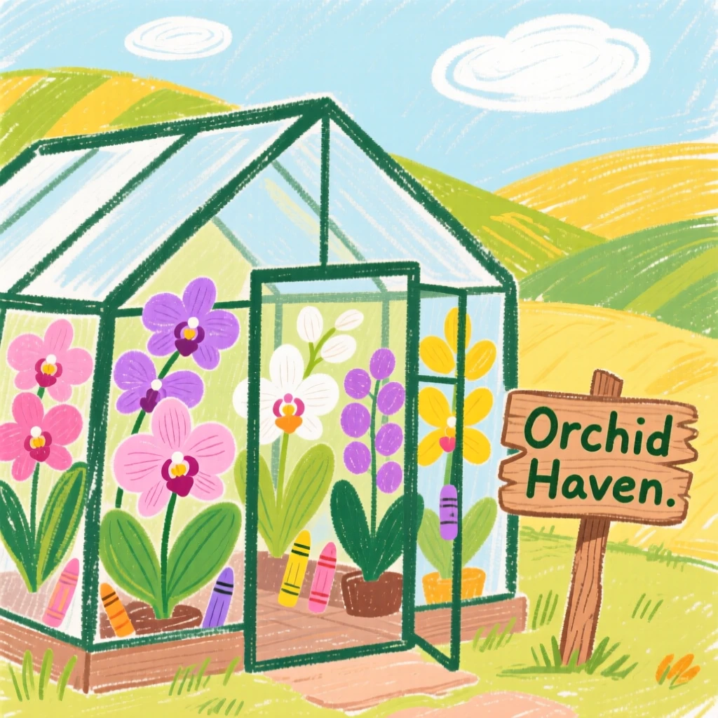 A view of a greenhouse full of orchids framed by distant rolling hills.