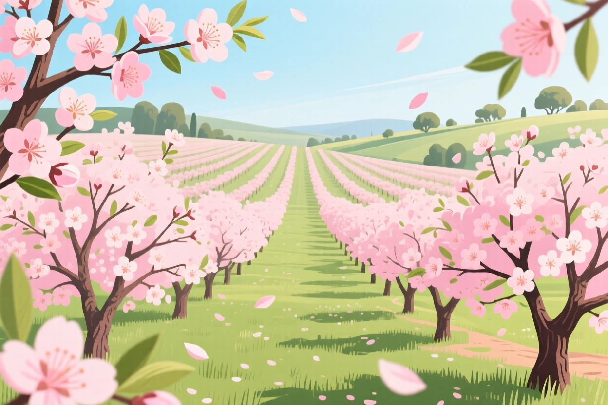 A blooming almond orchard in soft pink spring colors, surrounded by drifting petals in the breeze, framed with a wide sweeping panoramic view, with a fresh, crisp clarity that highlights every detail.