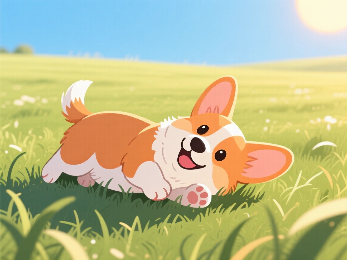 A playful corgi puppy rolling in the grass in a sunny meadow.