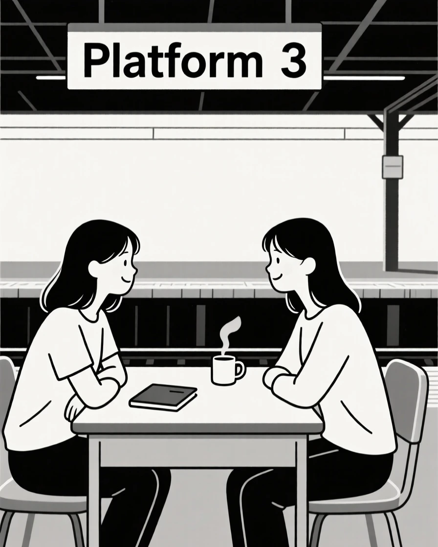 Two young woman working at a desk together in a train platform, sharing a moment of nostalgic comfort.