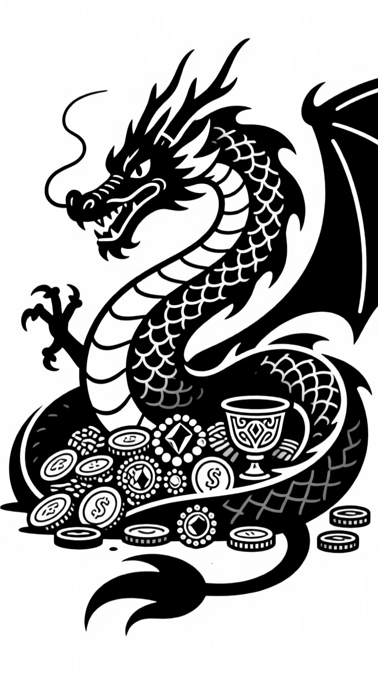 A dragon curled protectively around its hoard of treasure.