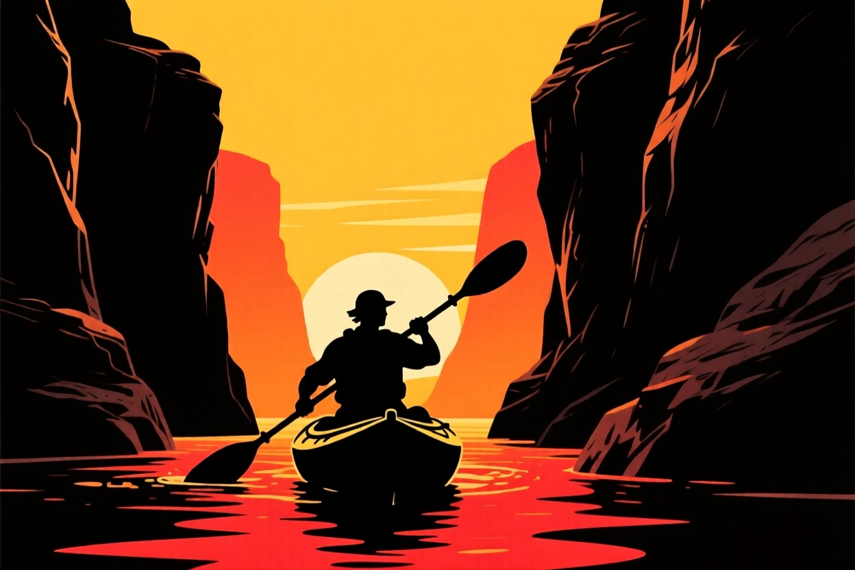 A kayaker paddling through a narrow canyon with towering rock walls on either side.