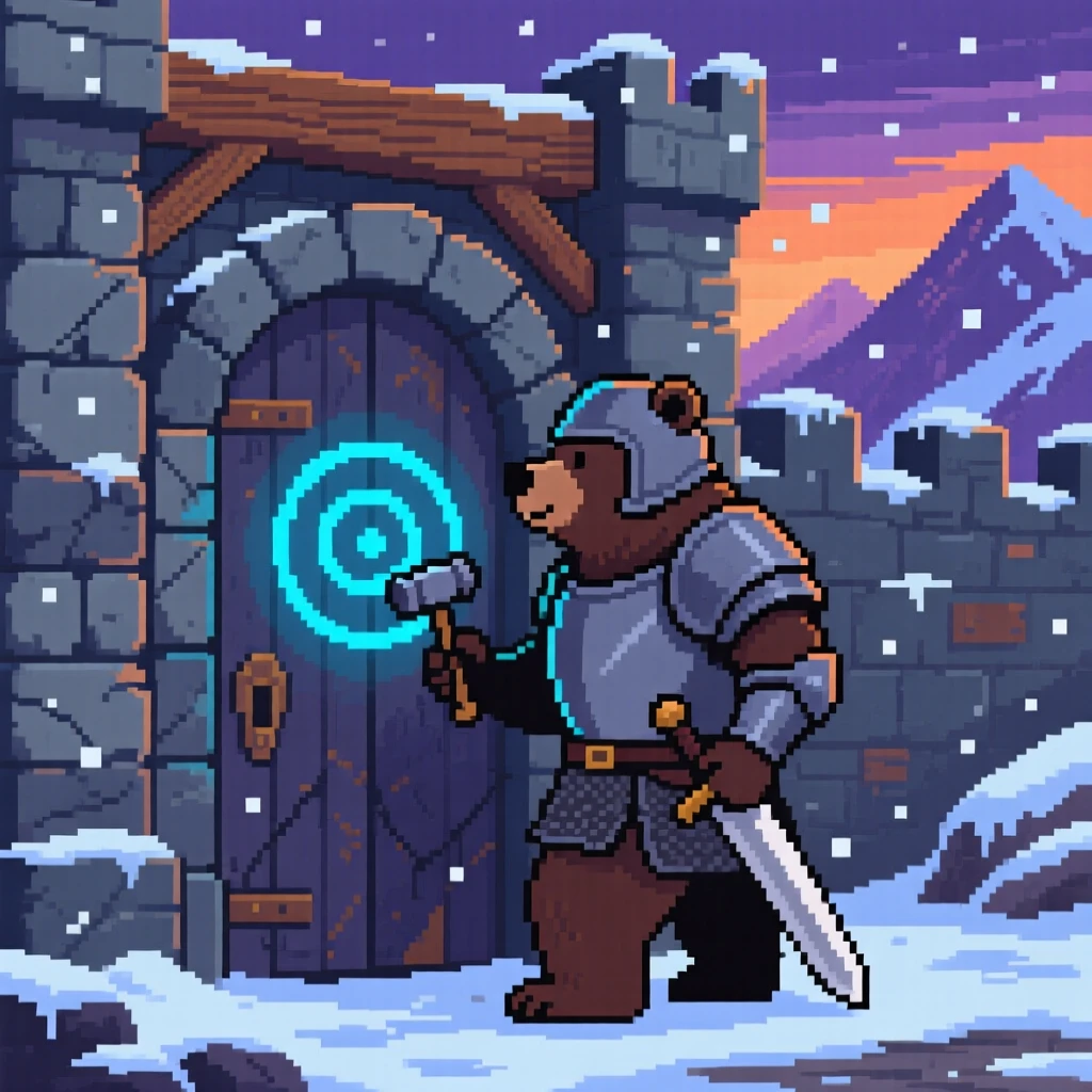 A bear knight guarding a castle gate carving a rune into an old stone door, in a snowy mountain pass at dusk.