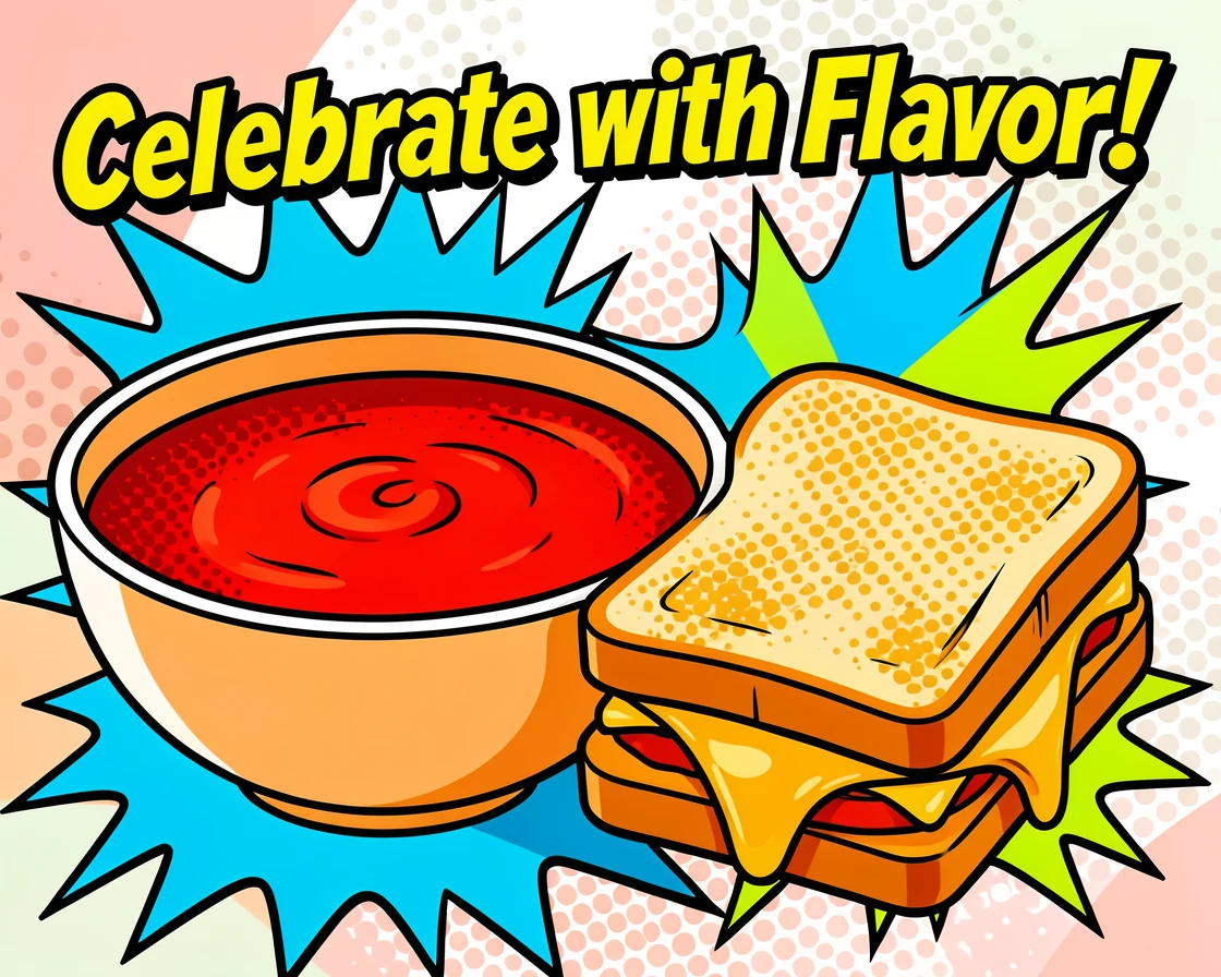 A bowl of rich tomato soup with a grilled cheese sandwich arranged elegantly for a festive gathering
