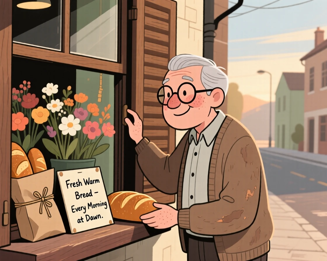 A elderly tailor opens the shutters of a small flower shop at dawn, arranging warm loaves of bread in the window as the street slowly wakes up.