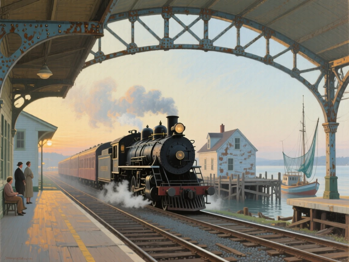 A medium shot of a steam train pulling into a station beneath a soaring iron archway, in a New England fishing town, in the 1960s, in early morning light.