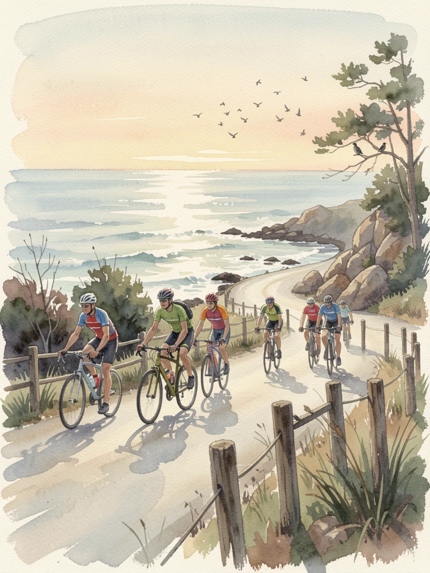 A group of cyclists riding along a coastal road as birds chirp softly in the background.