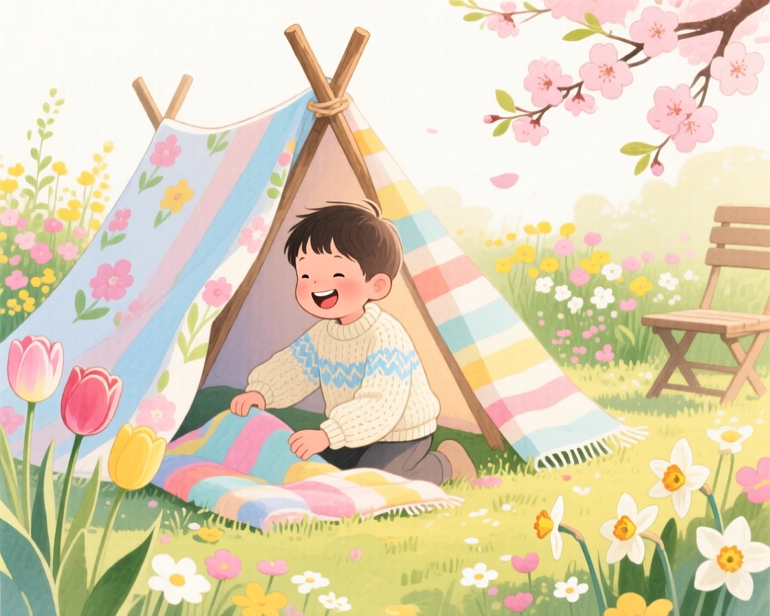 A boy in a knitted sweater builds a small fort out of blankets in a blooming spring garden, laughter and joy filling the warm afternoon air