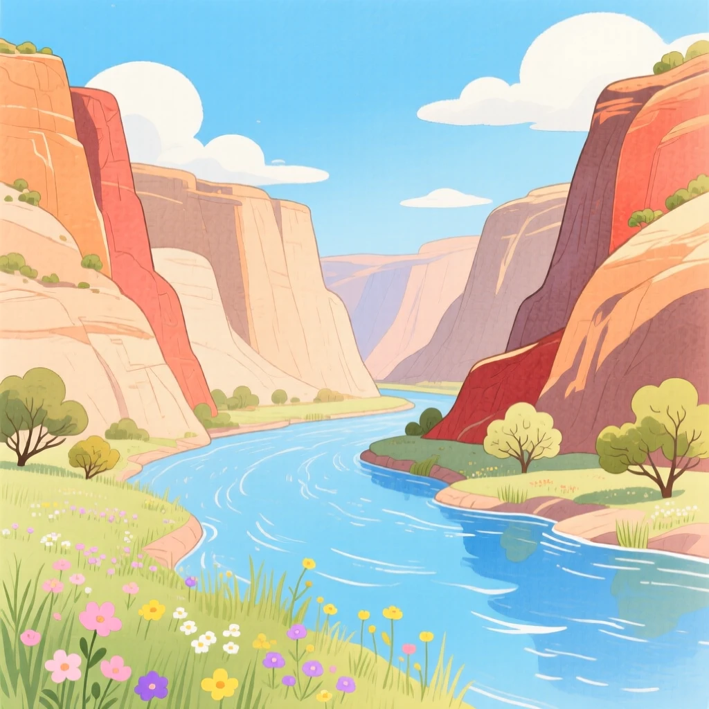 A canyon carved by an ancient river, peaceful and vast, in early spring.