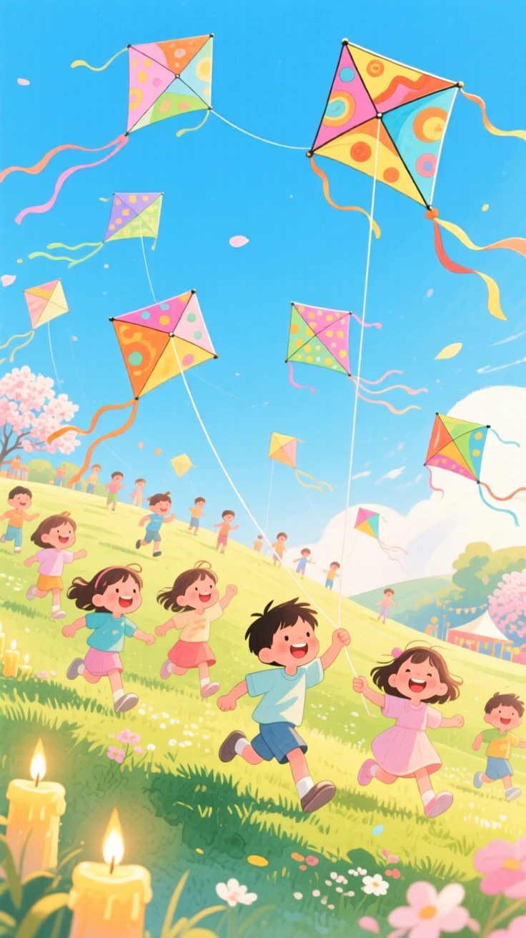 Children flying kites at a spring festival, in a hillside dotted with colorful kites against a blue sky, with the golden glow of candlelight flickering softly, evoking carefree seasonal joy.