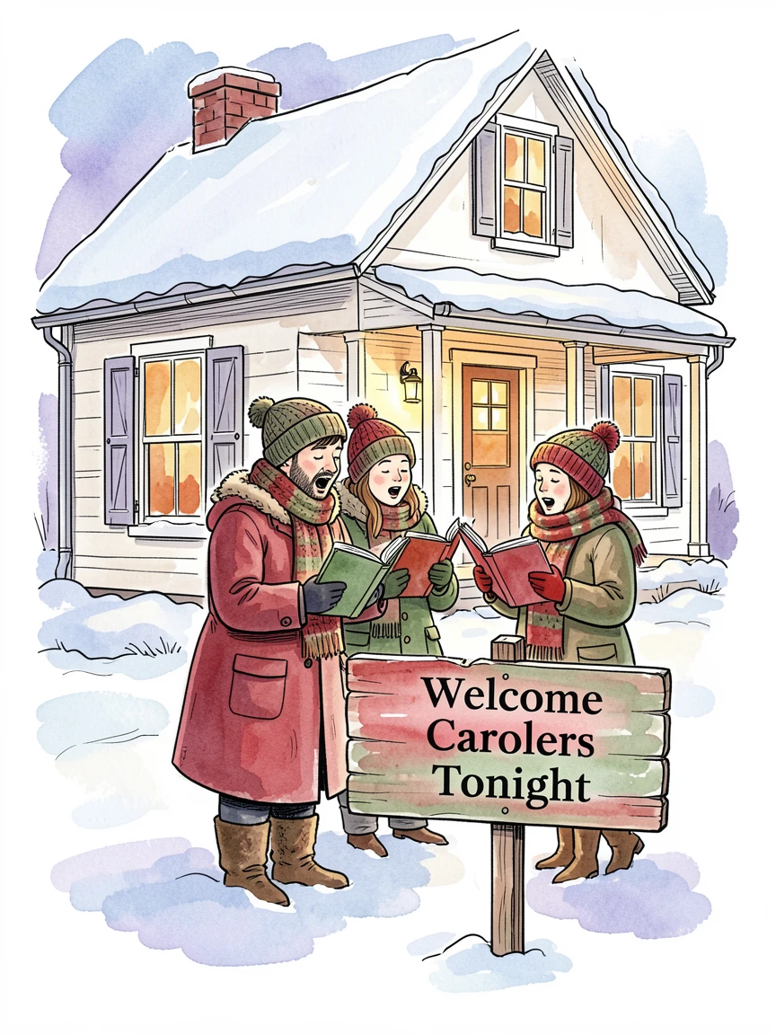 A winter holiday scene with carolers singing outside a snow-covered house glowing with warm light