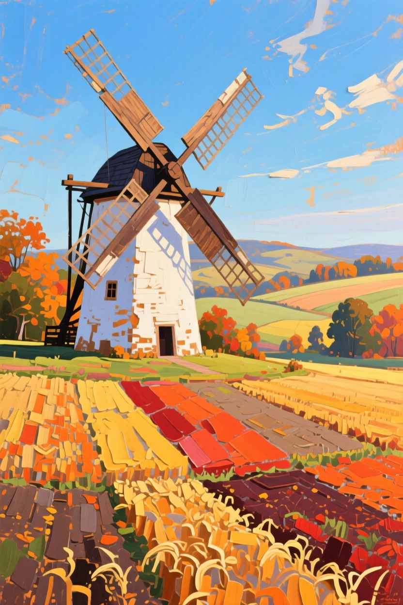 a windmill beside a patchwork of fields, on a crisp autumn morning, with a balanced, spacious view of the surroundings.
