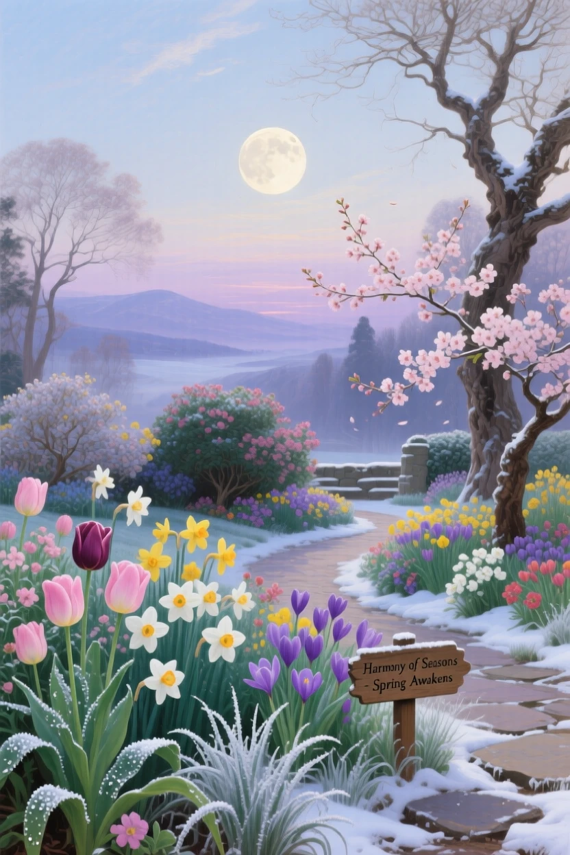 A harvest moon falls softly over a garden bursting with spring color on a crisp winter morning.