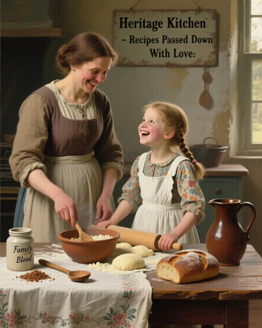 A mother and daughter laughing together while cooking a family recipe, with the background softly blurred to keep attention on their face, radiating authenticity and heartfelt sincerity
