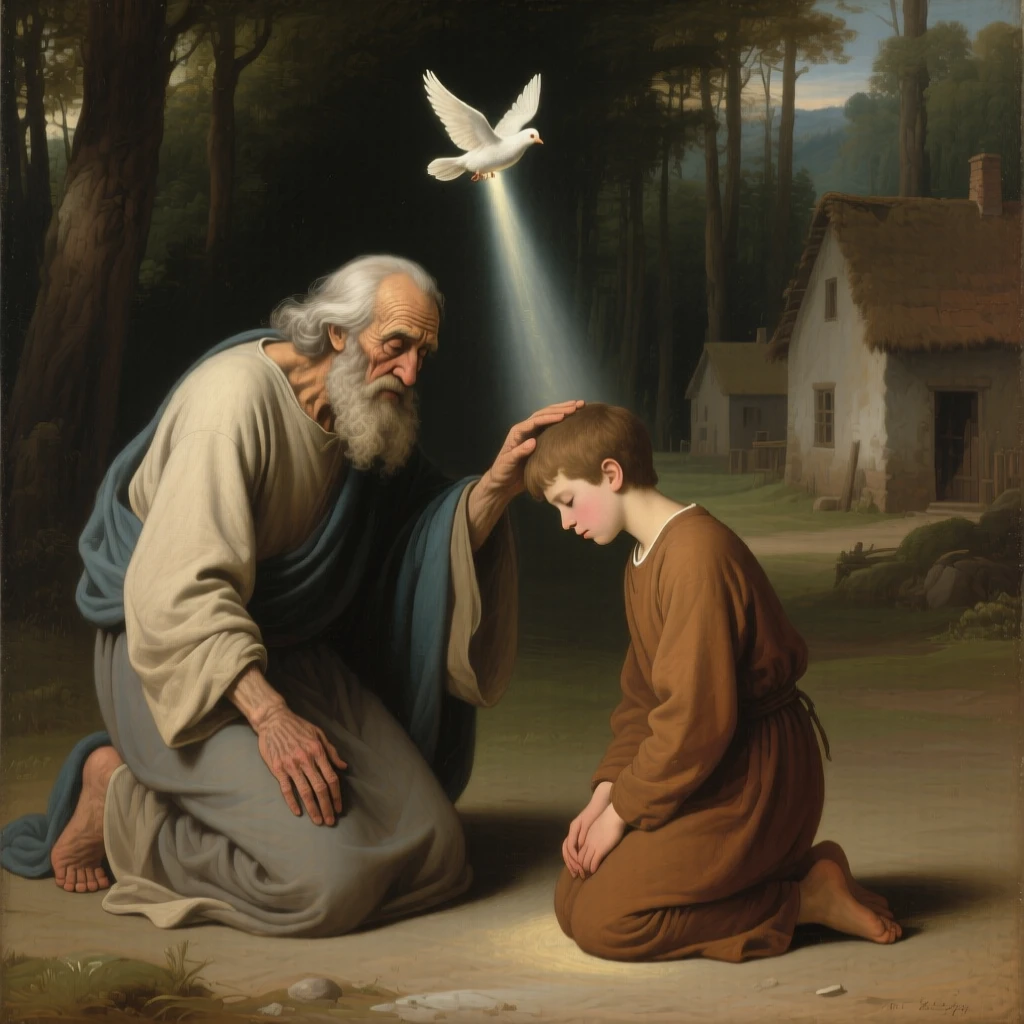 A wise elder passing sacred wisdom to a kneeling young disciple in a moment of profound spiritual clarity, set within a humble village at the edge of a quiet forest, with a single dove or beam of light marking the sacred moment; quiet, uncluttered space allows the emotional core room to breathe, filled with serenity and the quiet dignity of devotion.