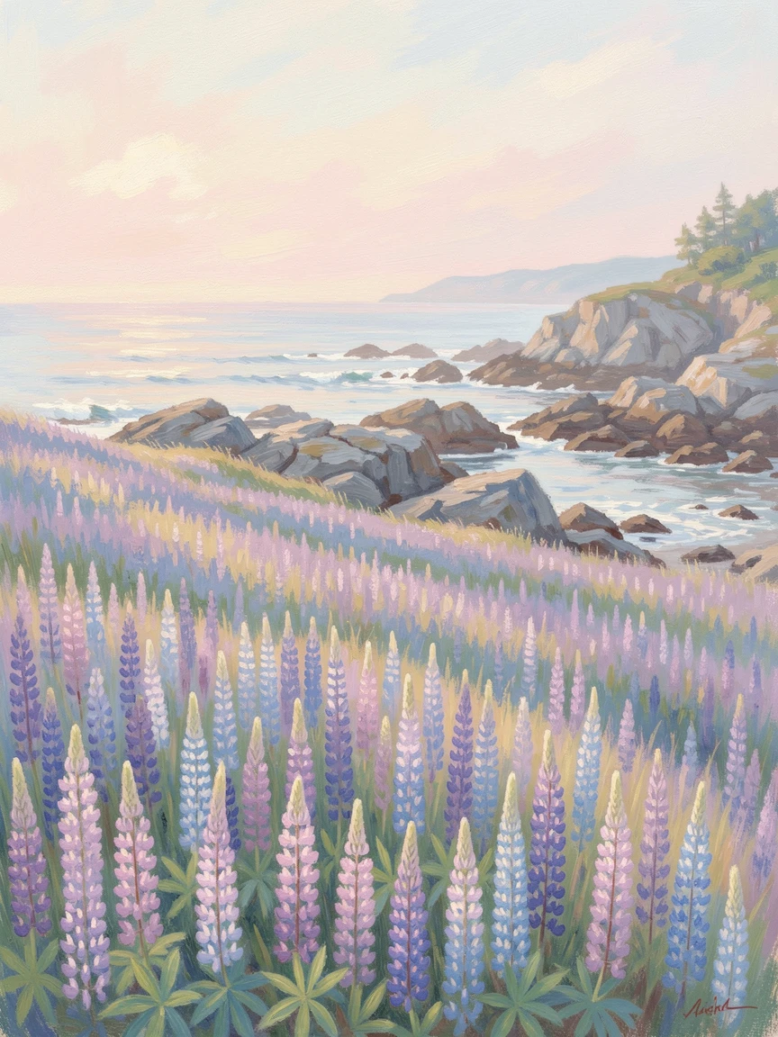 A field of lupines in shades of purple and blue rolling down toward a rocky New England coastline.
