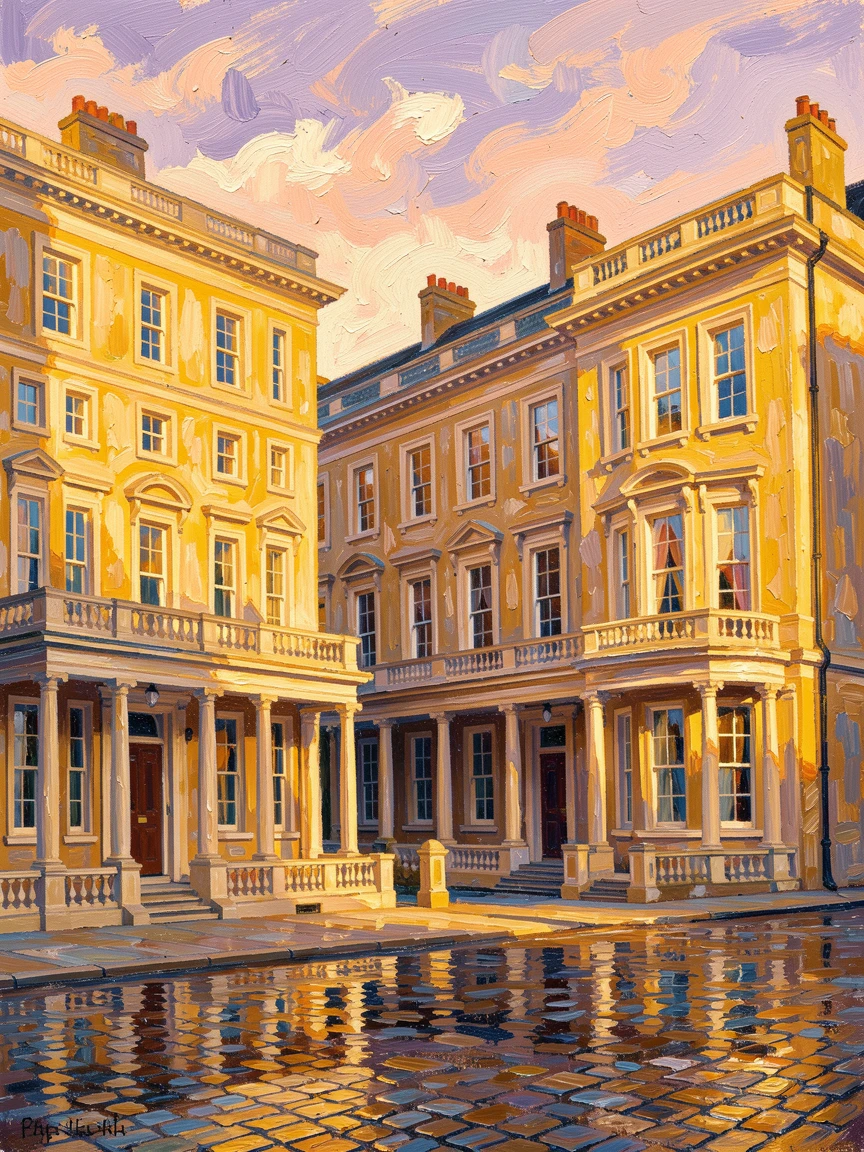 A row of grand Georgian townhouses in Bath glowing gold in the late afternoon sun.
