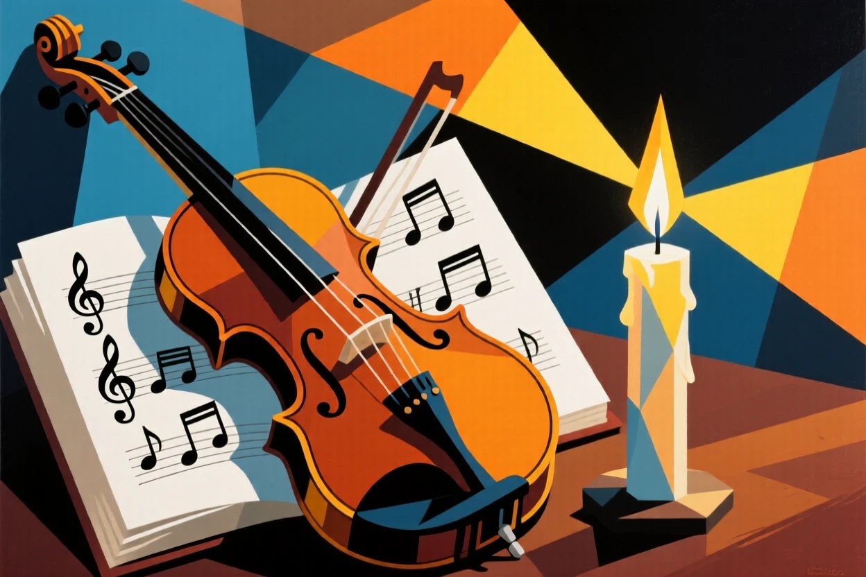 A vintage violin resting on an open sheet of music beside a candle.