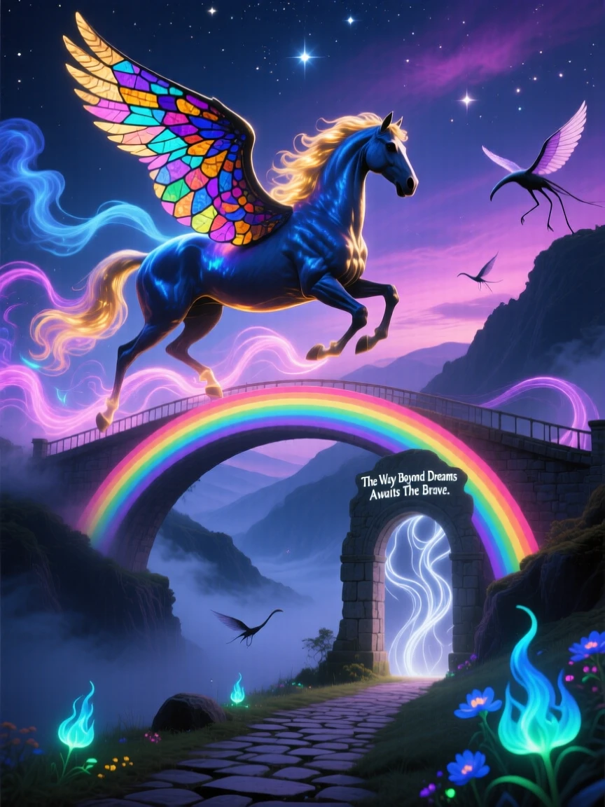 A winged horse galloping across a bridge of solid rainbow light guards a hidden path that few have ever found, while wisps of light curl gently around its form.