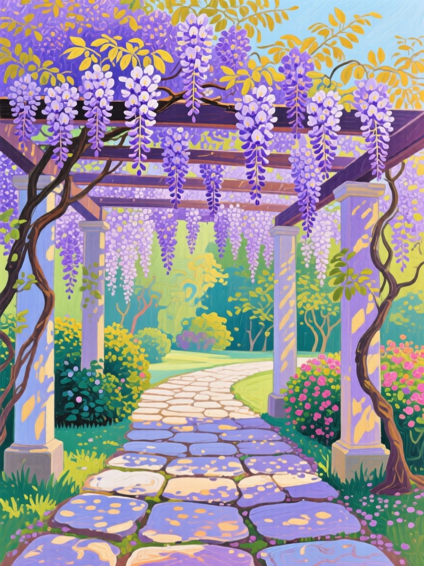 A wisteria-covered pergola dripping with lavender blossoms over a quiet stone pathway