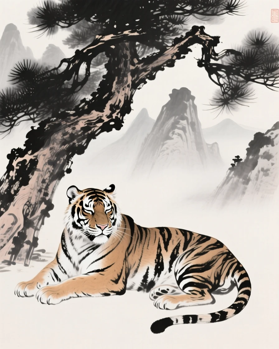 A tiger rests beneath the shade of an old pine tree, beneath towering peaks fading into the distance.