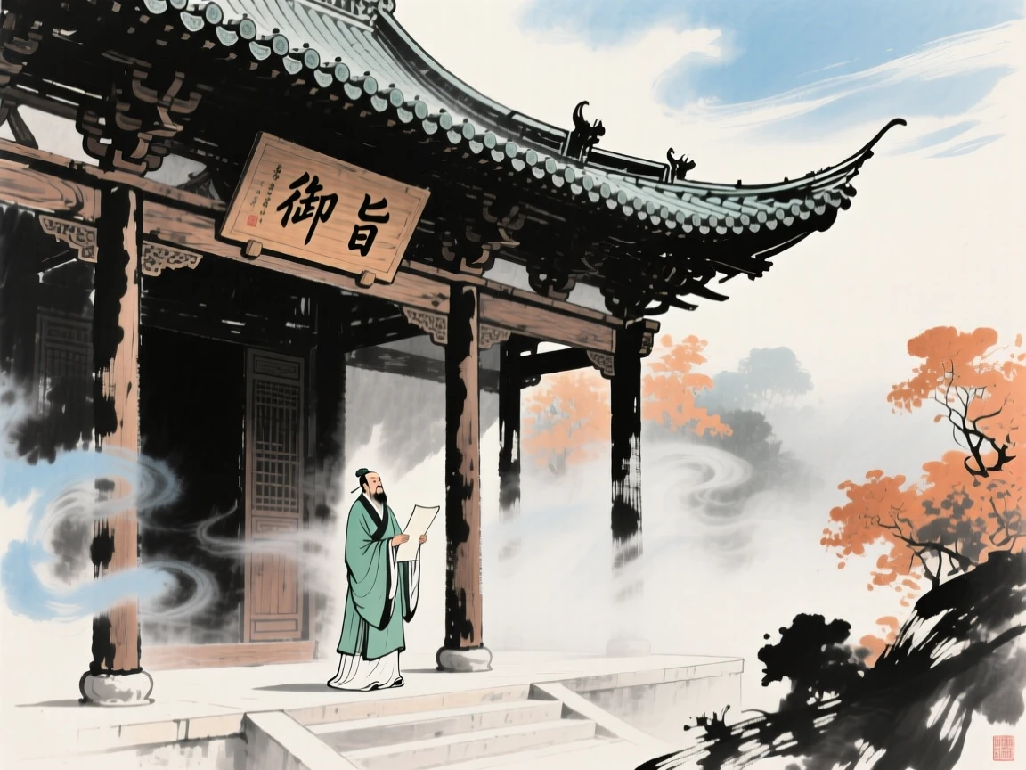 A scholar receiving an imperial edict beneath the eaves of a great hall, through swirling morning fog, at midday.