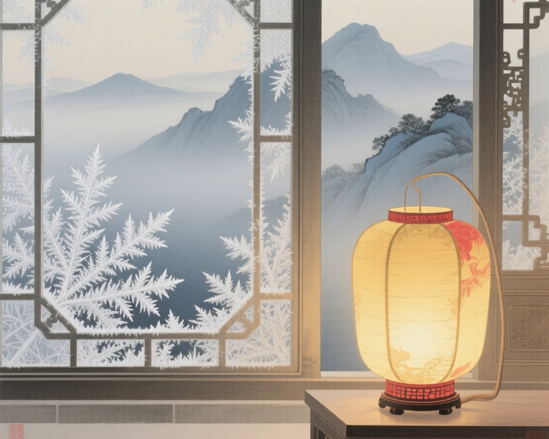 Frost patterns forming on a windowpane beside a glowing lantern, with distant mountains fading into soft mist