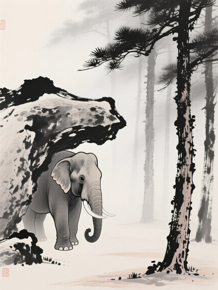 An elephant sheltering beneath overhanging rock in a misty pine forest, seen from a respectful distance within its natural surroundings, conveying quiet strength and natural grace.