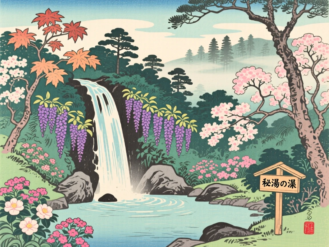 A hidden forest waterfall, filled with the scent of blooming flowers.