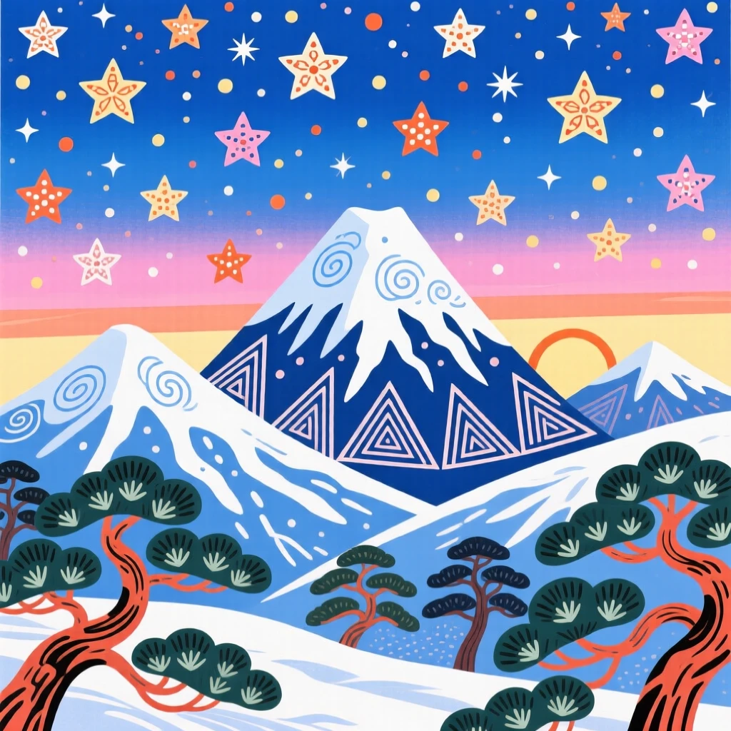 A sweeping view of a snow-capped mountain range at dawn under a canopy of stars.