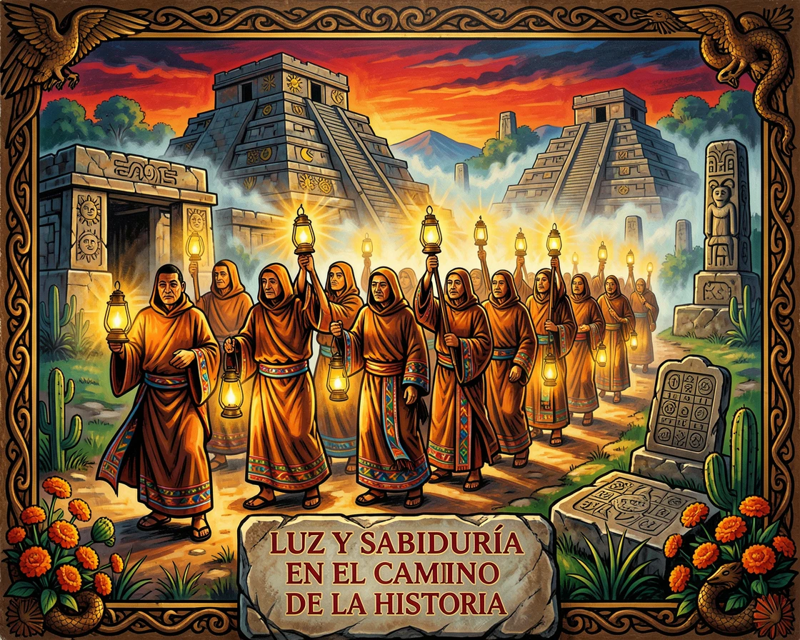 A procession of monks carrying lanterns through ancient ruins