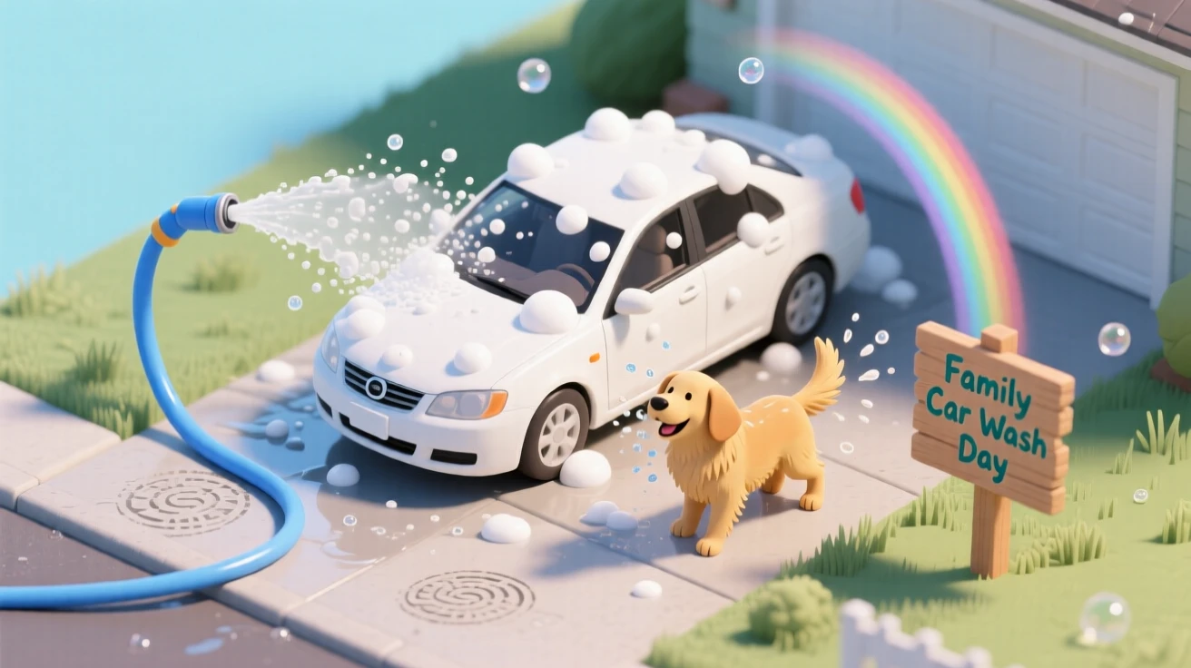 A family car wash day in the driveway, soap suds everywhere, a hose spraying rainbows in the sunlight, and a dog shaking off water nearby.