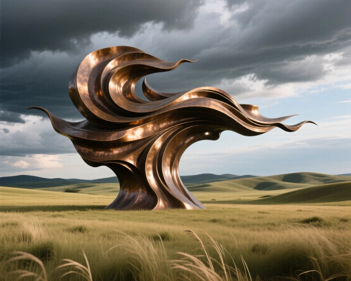 A windswept prairie beneath a dramatic cloudscape, capturing a powerful sense of scale and grandeur, offering a breathtaking sense of place
