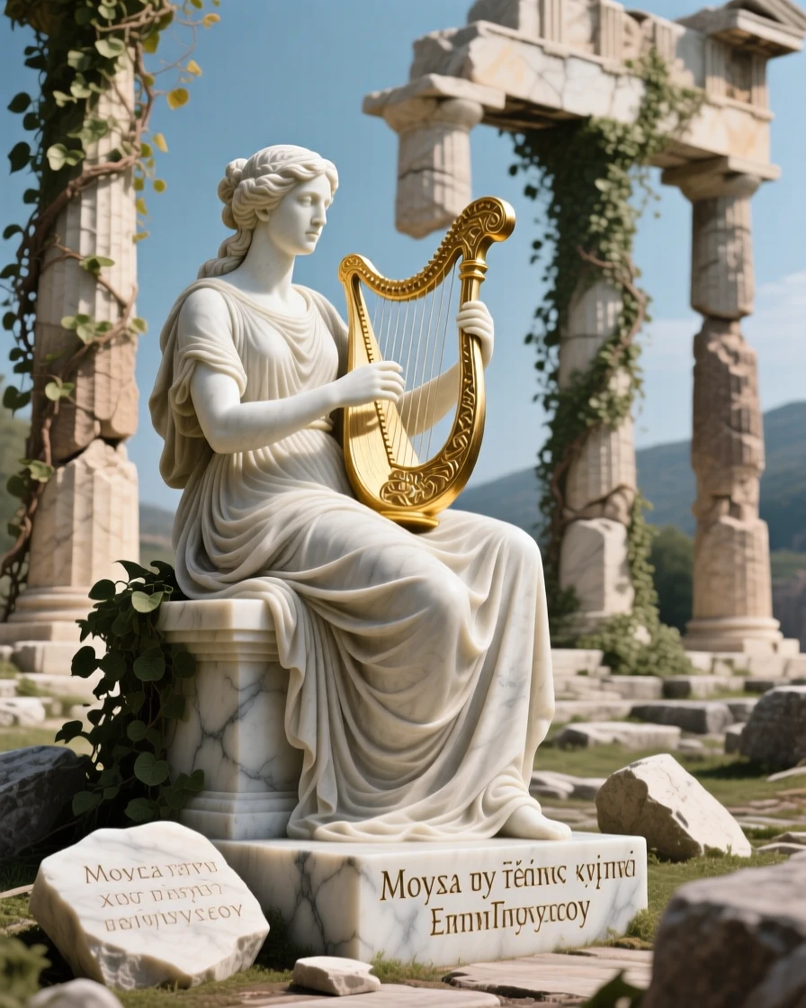 An epic scene of a Greek muse playing a golden lyre, amid ancient ruins reclaimed by nature, evoking myth and grandeur