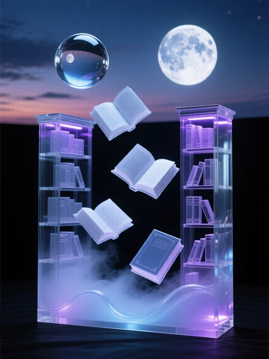 An enchanted library with floating books under a twilight sky filled with two moons, atmospheric fog rolling through the scene, feeling mysterious and enchanting.