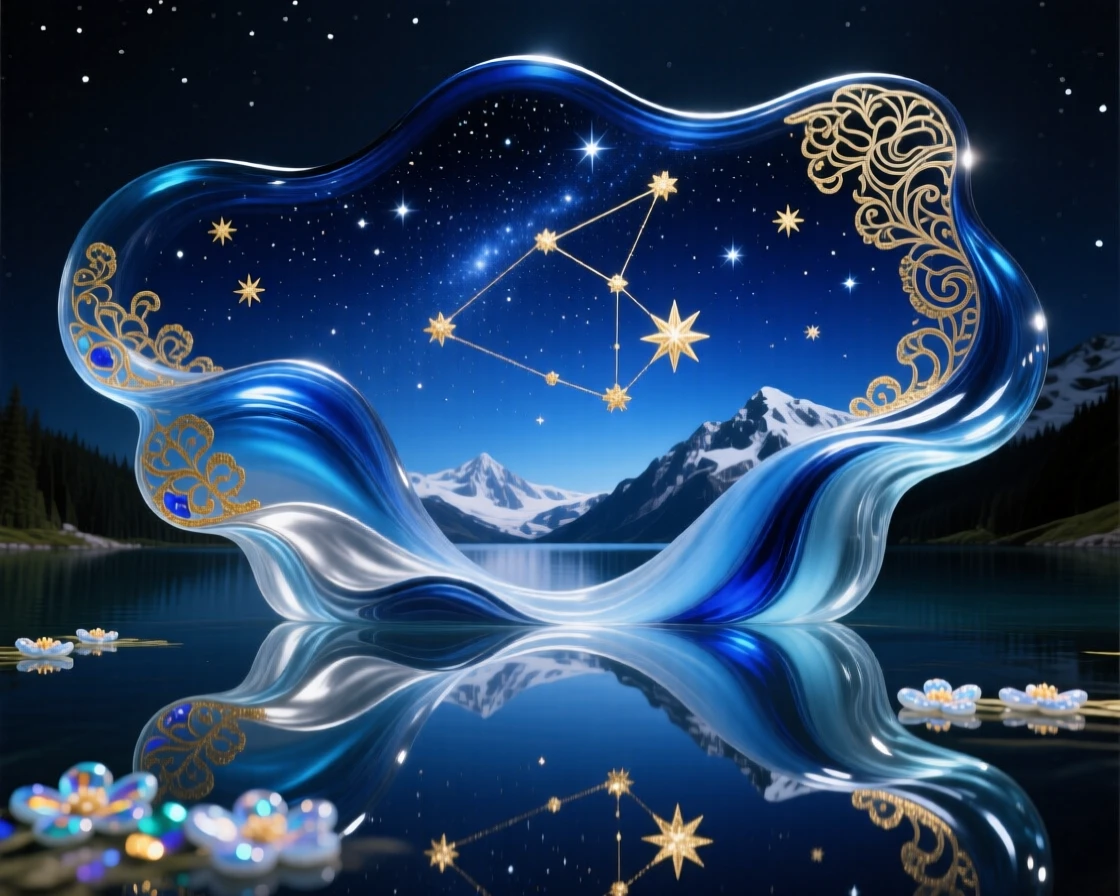 A vast starry sky reflected in a still alpine lake at midnight, tranquil and infinite.