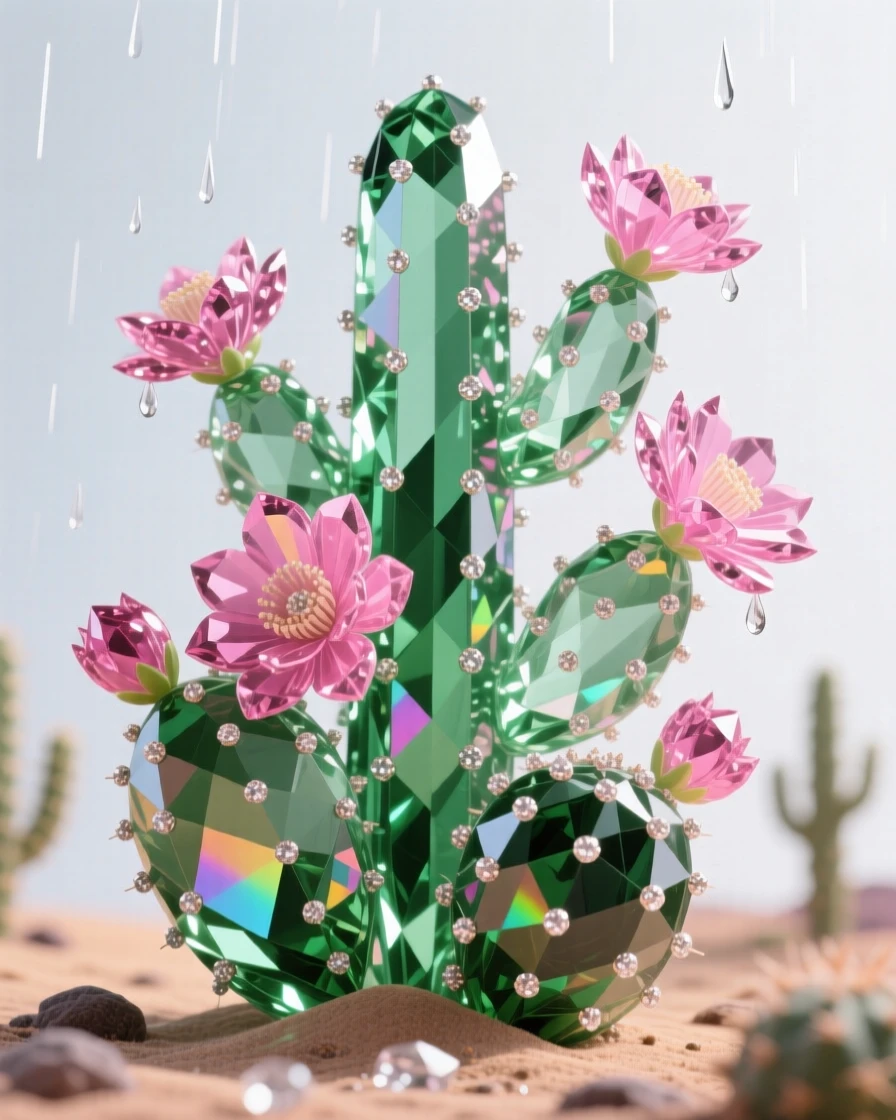 A cluster of desert cacti blooming with vivid pink flowers after rare rainfall.