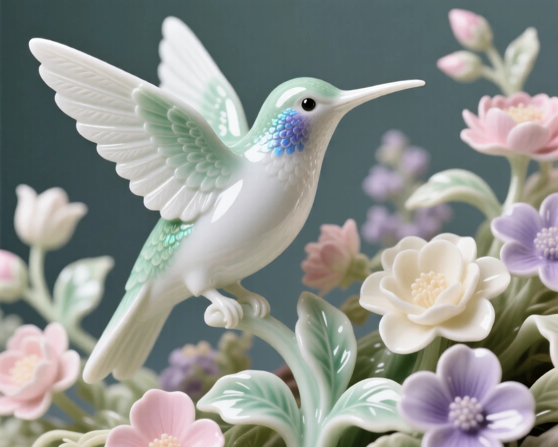 A majestic hummingbird in a blooming garden, perched with wings slightly raised.