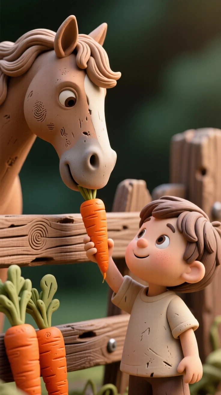 A child feeding carrots to a friendly horse over a wooden fence