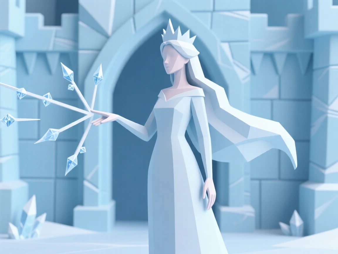 A graceful ice queen extends a hand, delicate frost patterns spreading across a frozen castle wall behind her.