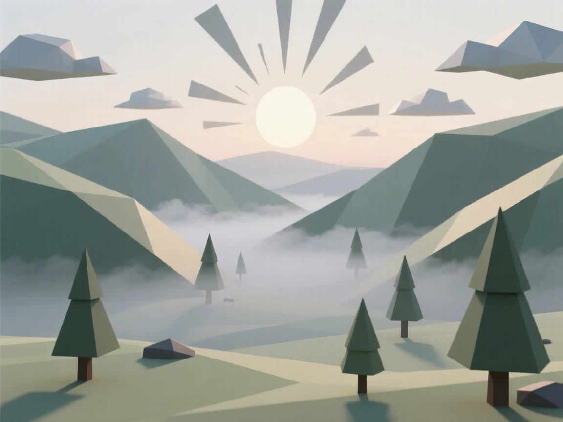A misty valley at first light, in the stillness of early morning. soft light rays break through scattered clouds. It evokes a feeling of pure tranquility.