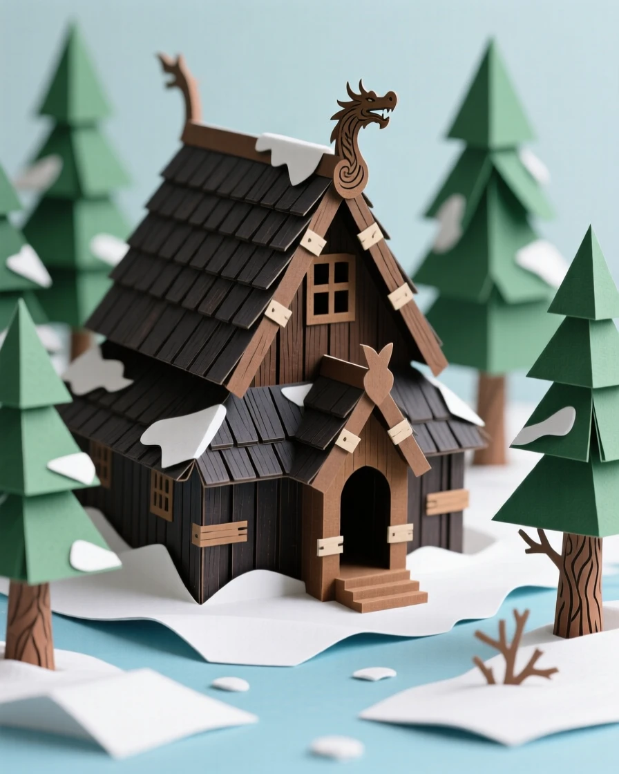 A traditional Nordic stave church with dark wooden shingles and dragon-carved gables, standing amid a snowy pine forest, evoking ancient mystique.
